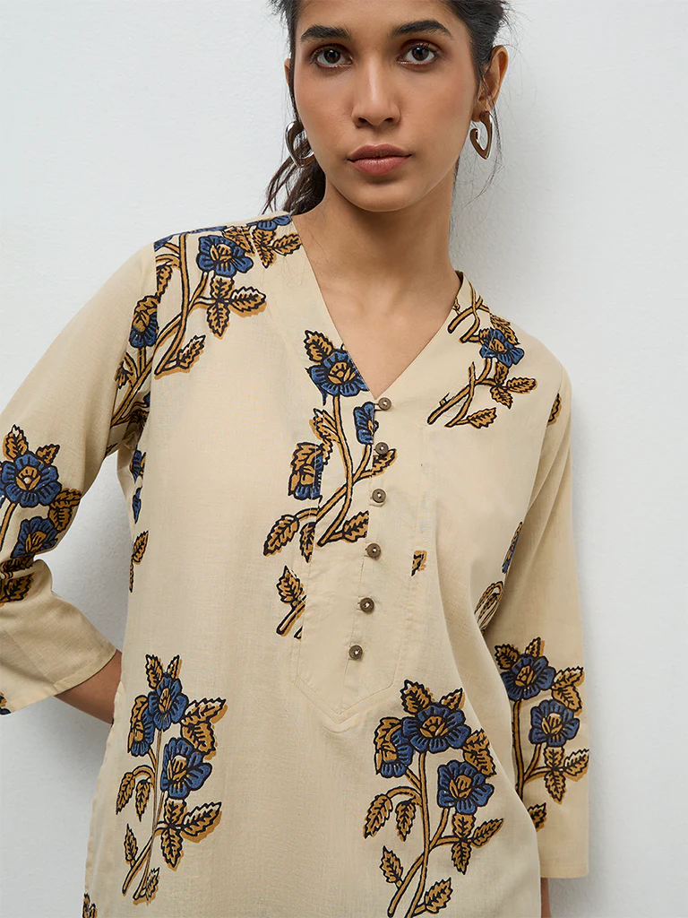 Utsa Beige Floral Design Cotton Straight Kurta - Image 3