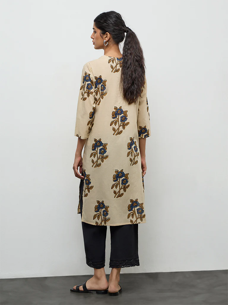 Utsa Beige Floral Design Cotton Straight Kurta - Image 4