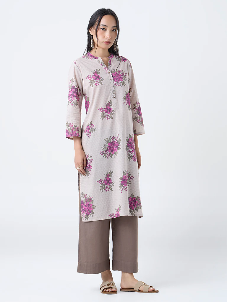 Utsa Beige Floral Design Straight Cotton Kurta - Image 2