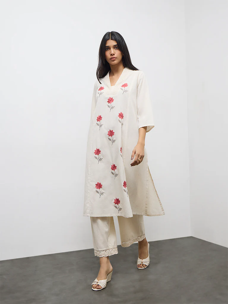 Utsa Beige Floral Embroidered Cotton-Blend A-Line Kurta - Image 2