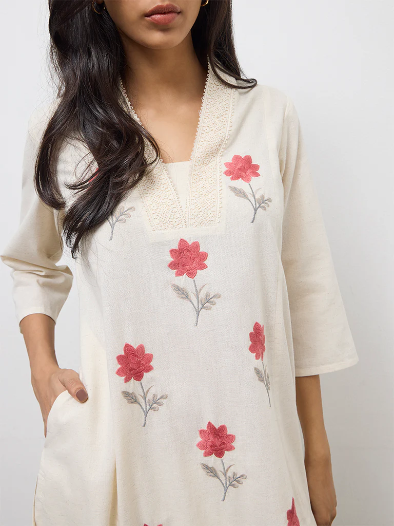 Utsa Beige Floral Embroidered Cotton-Blend A-Line Kurta - Image 3