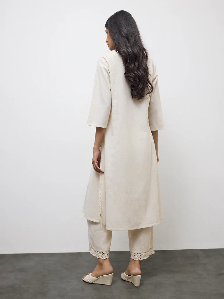 Utsa Beige Floral Embroidered Cotton-Blend A-Line Kurta - Image 4