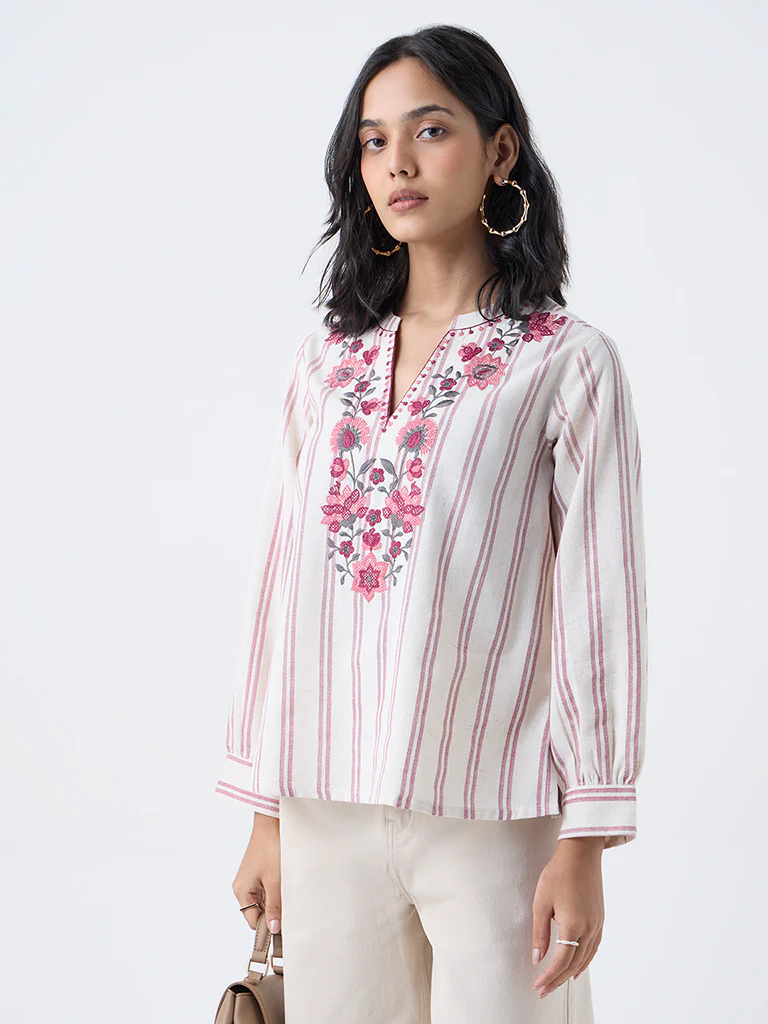 Utsa Beige Floral Embroidered Cotton-Blend Tunic - Image 2