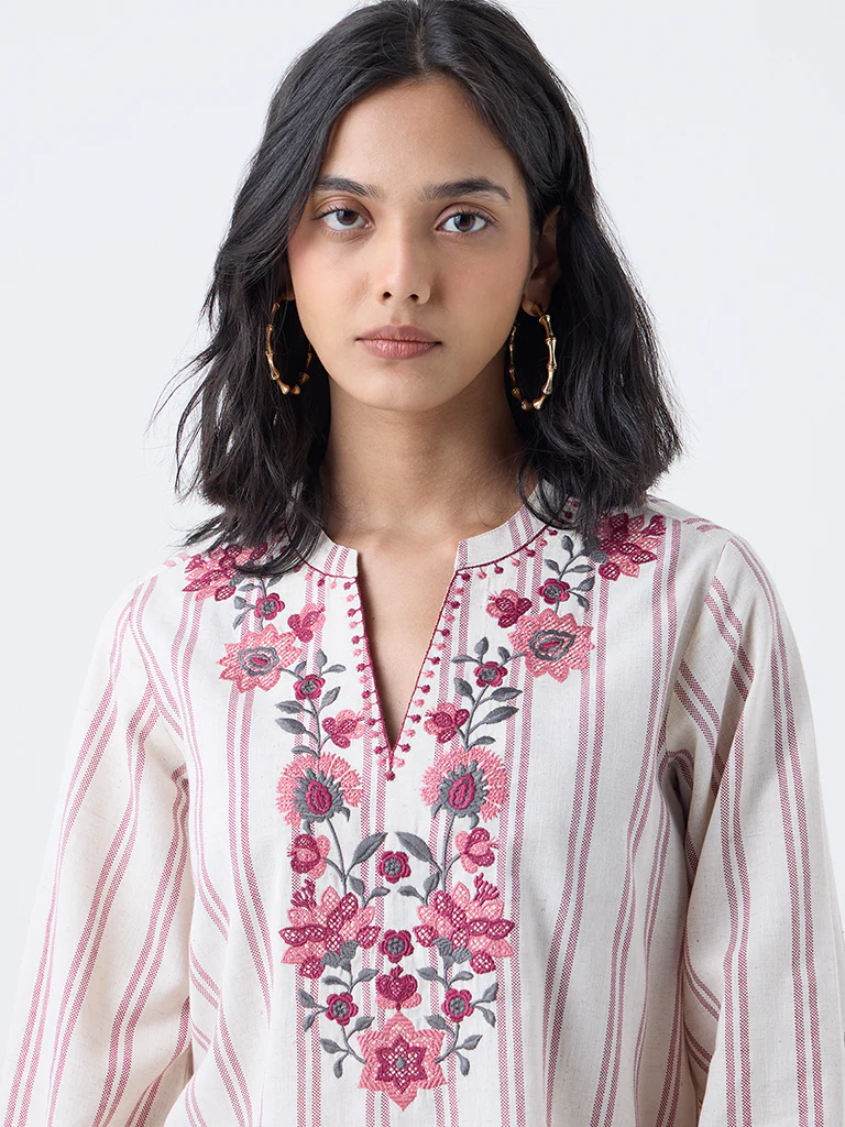 Utsa Beige Floral Embroidered Cotton-Blend Tunic - Image 3