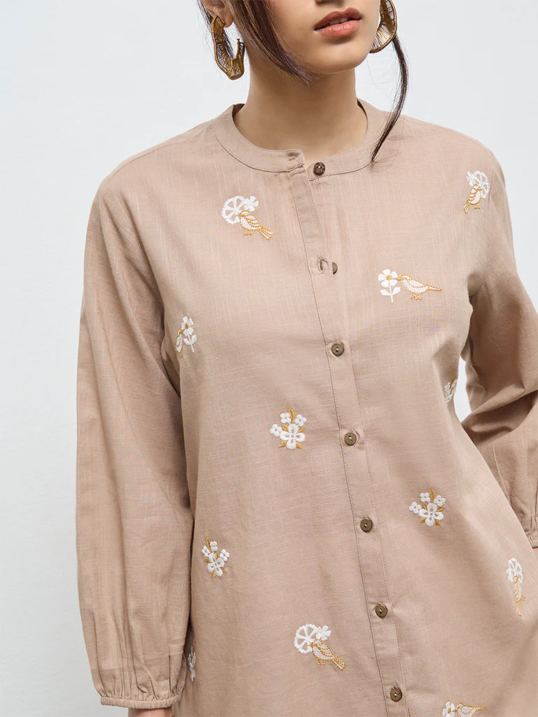 Utsa Beige Floral Embroidered Cotton Tunic - Image 3