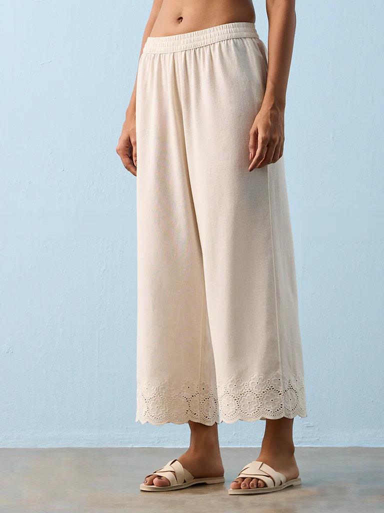 Utsa Beige Floral Embroidered Pants