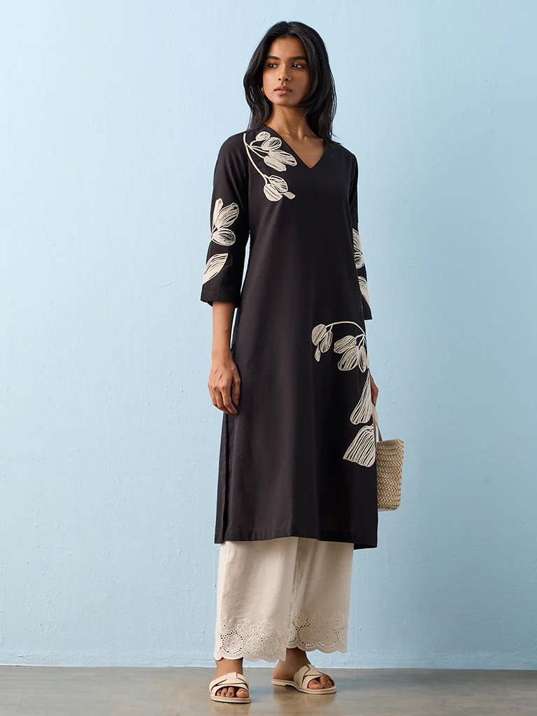 Utsa Beige Floral Embroidered Pants - Image 2