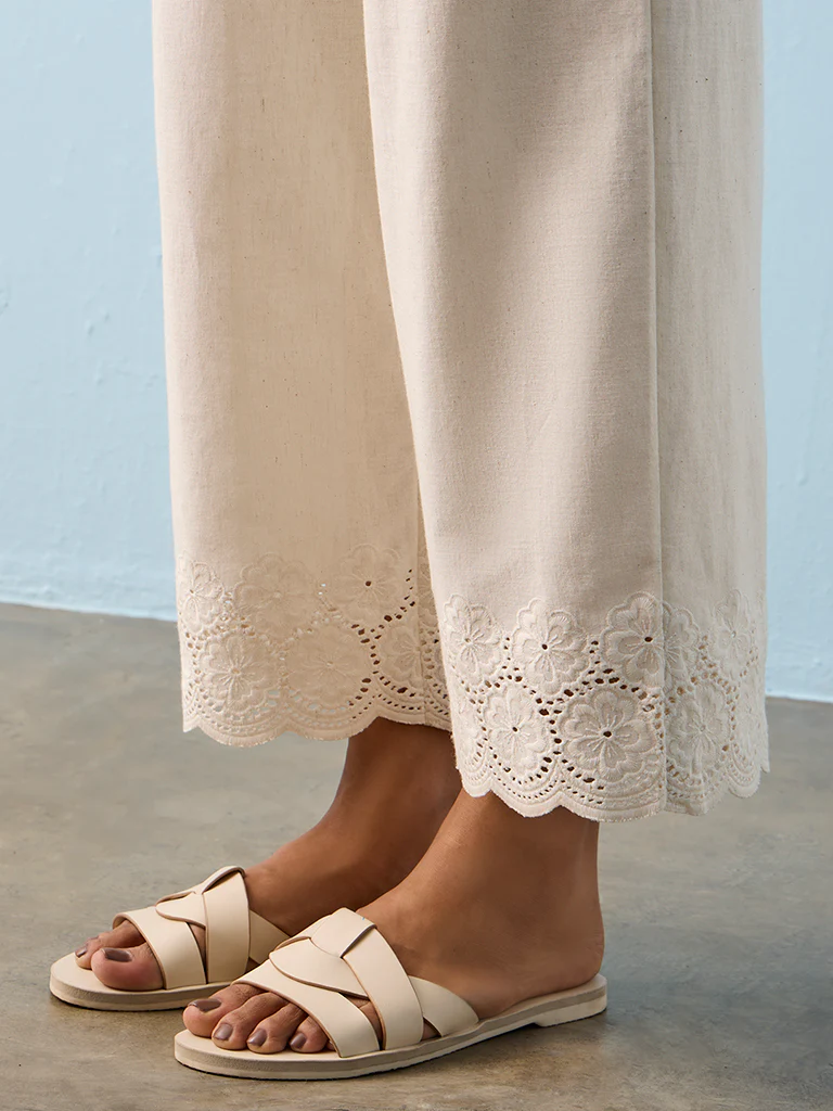 Utsa Beige Floral Embroidered Pants - Image 3