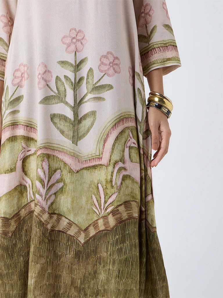 Utsa Beige Floral Pattern A-Line Kurta - Image 3