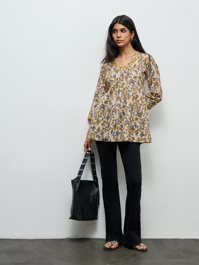 Utsa Beige Floral Printed Cotton Tunic - Image 2