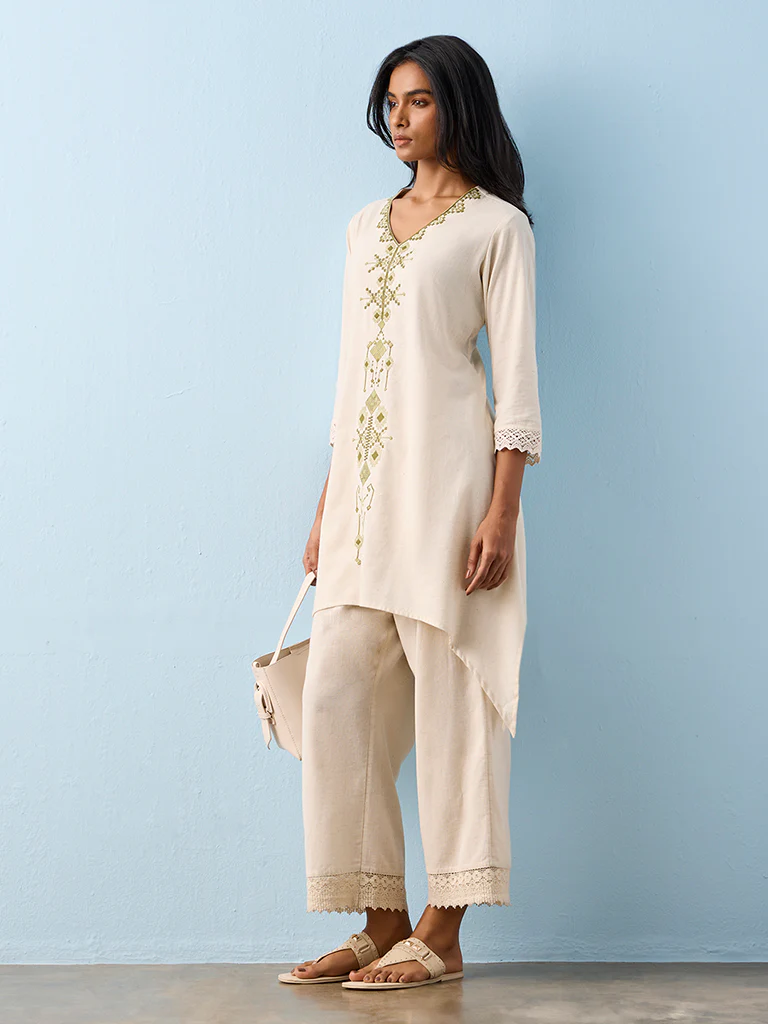 Utsa Beige Geometric Embroidered Cotton-Blend A-Line Kurta