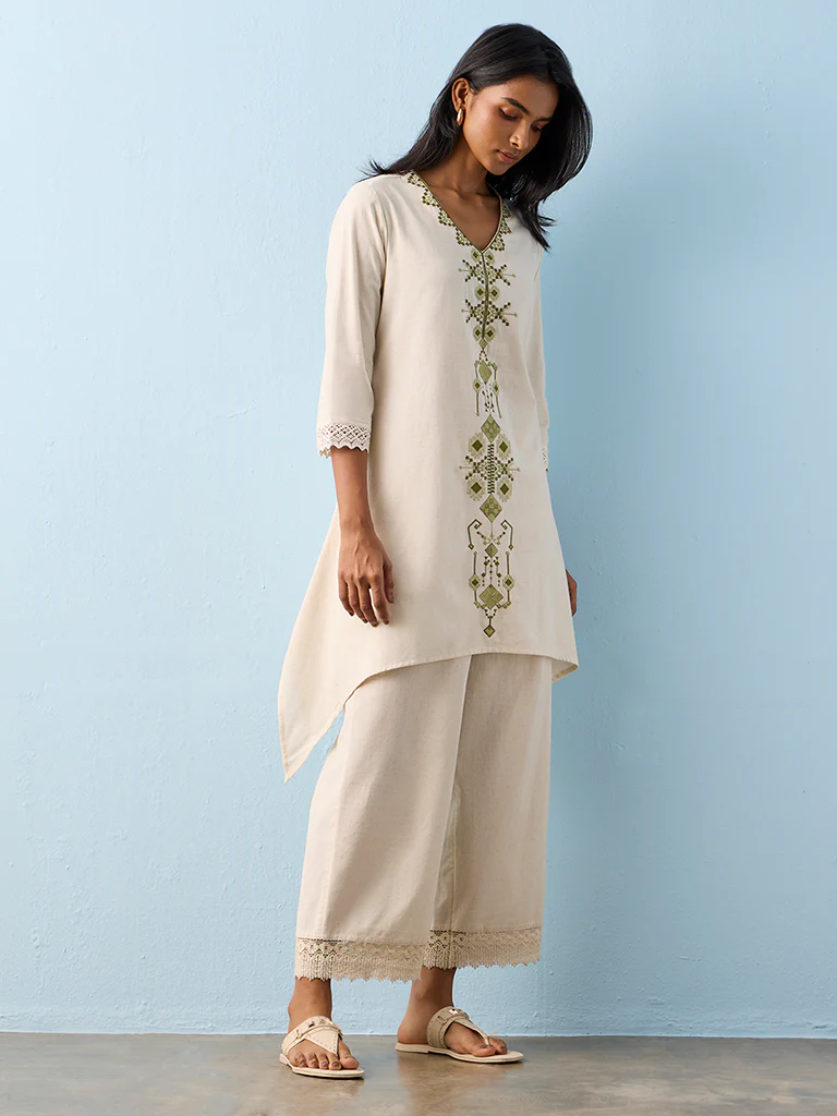 Utsa Beige Geometric Embroidered Cotton-Blend A-Line Kurta - Image 2