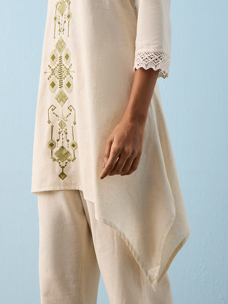 Utsa Beige Geometric Embroidered Cotton-Blend A-Line Kurta - Image 3