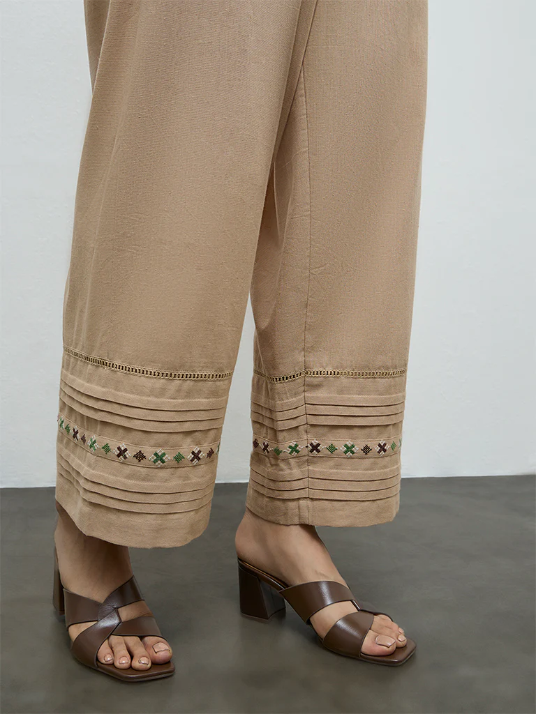 Utsa Beige Pintuck Detailed Cotton-Blend Ethnic Pants - Image 3