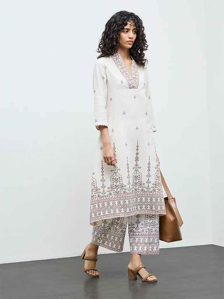 Utsa Beige Printed Cotton-Blend A-Line Kurta - Image 2