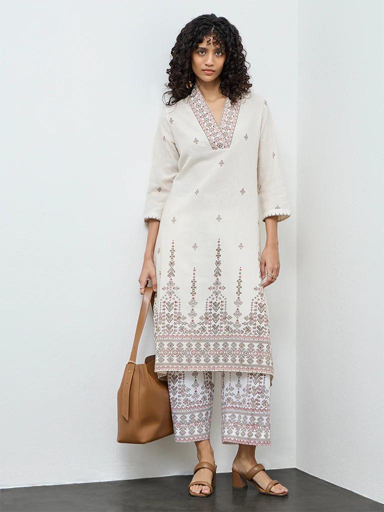 Utsa Beige Printed Cotton-Blend Pants - Image 2