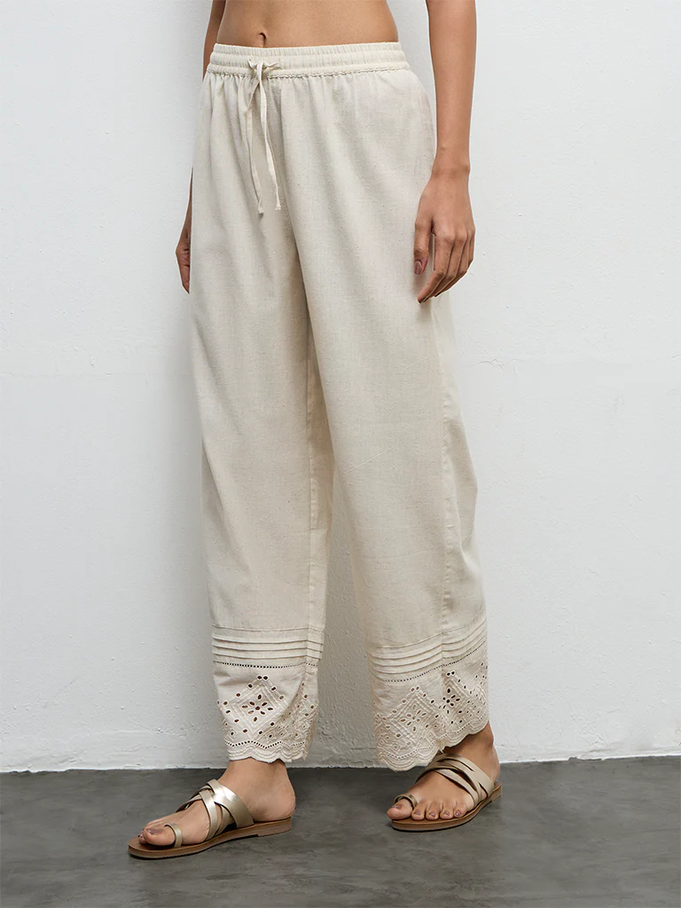 Utsa Beige Schiffli Embroidered Cotton Ethnic Pants