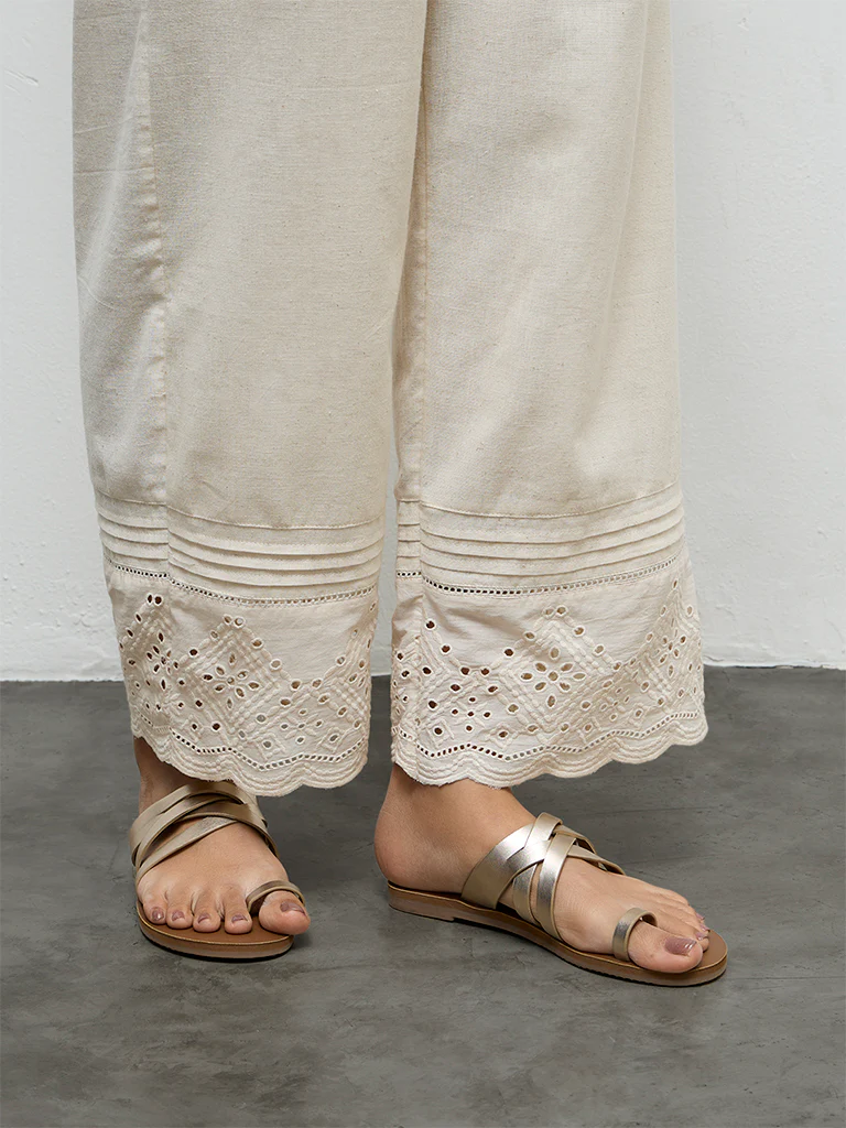 Utsa Beige Schiffli Embroidered Cotton Ethnic Pants - Image 3