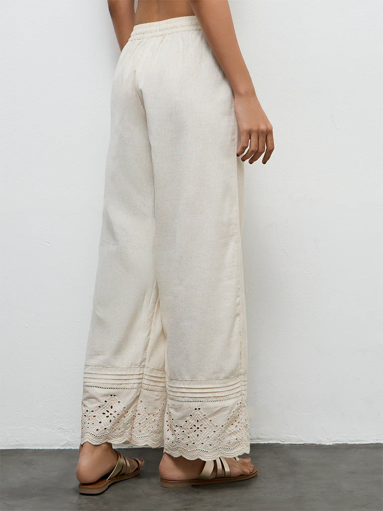 Utsa Beige Schiffli Embroidered Cotton Ethnic Pants - Image 4