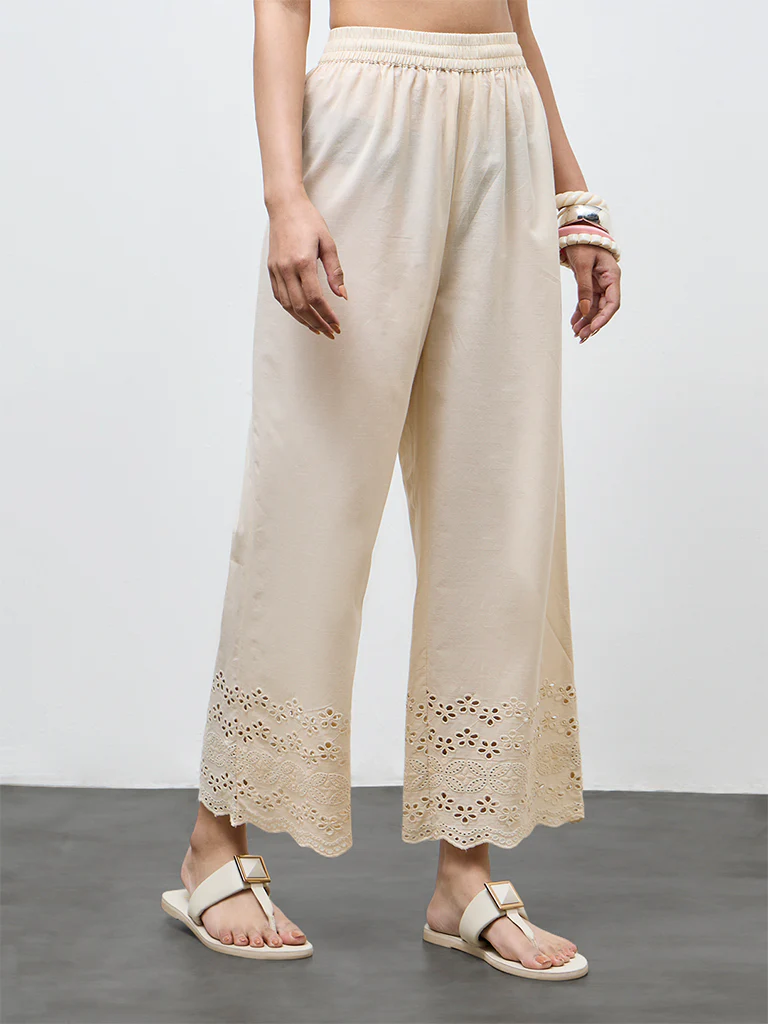 Utsa Beige Schiffli Embroidered Ethnic Cotton Pants