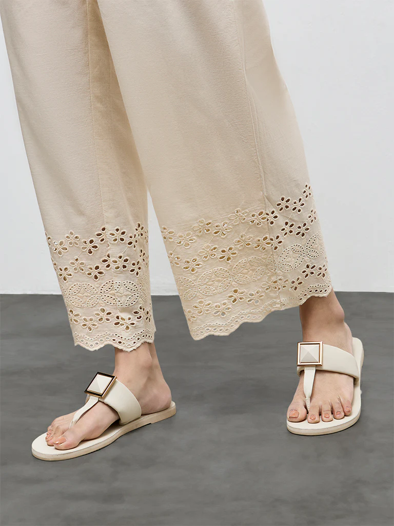 Utsa Beige Schiffli Embroidered Ethnic Cotton Pants - Image 3