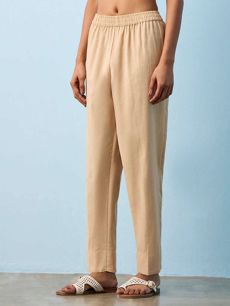Utsa Beige Solid Cotton-Blend Pants