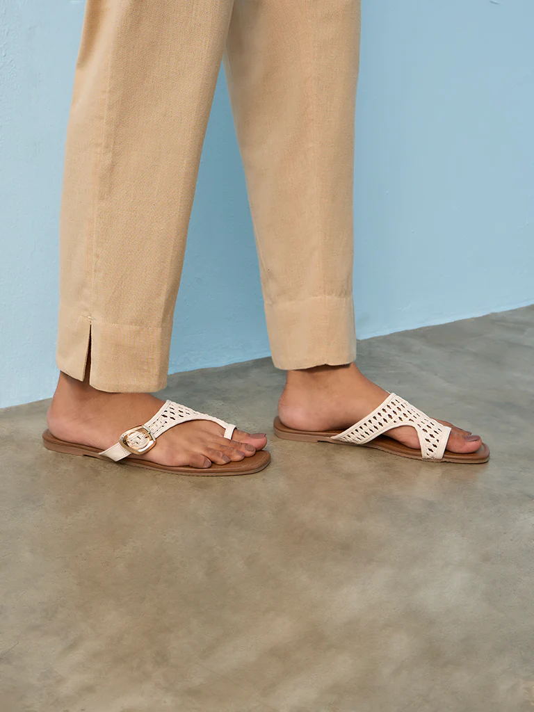 Utsa Beige Solid Cotton-Blend Pants - Image 3