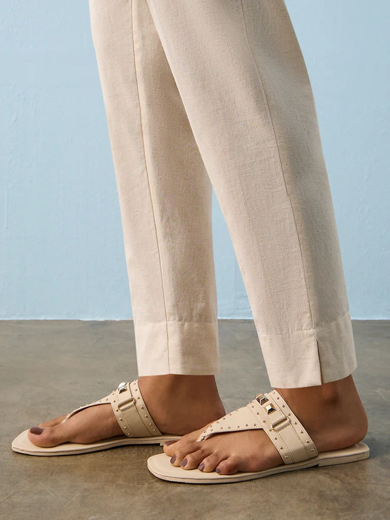Utsa Beige Solid Cotton-Blend Pants - Image 3