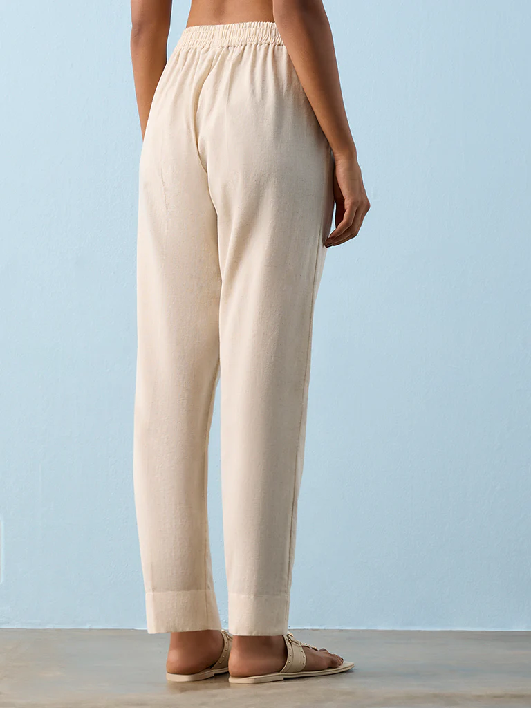 Utsa Beige Solid Cotton-Blend Pants - Image 4