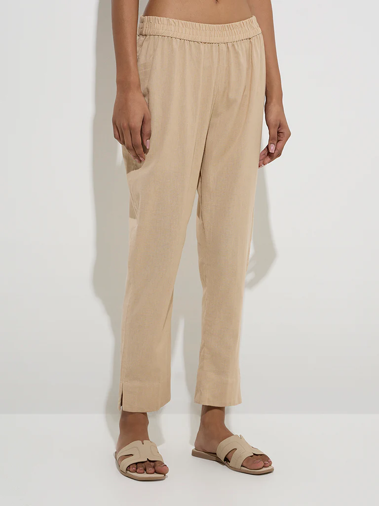 Utsa Beige Solid Cotton Ethnic PantsĀ - Image 2