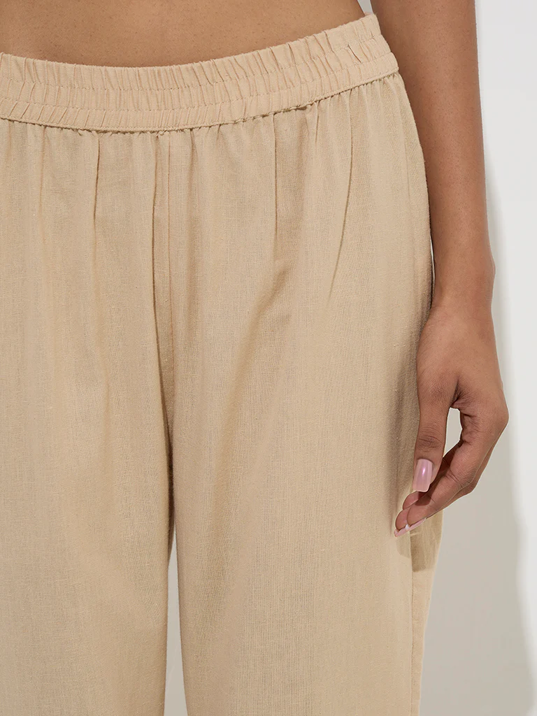 Utsa Beige Solid Cotton Ethnic PantsĀ - Image 3