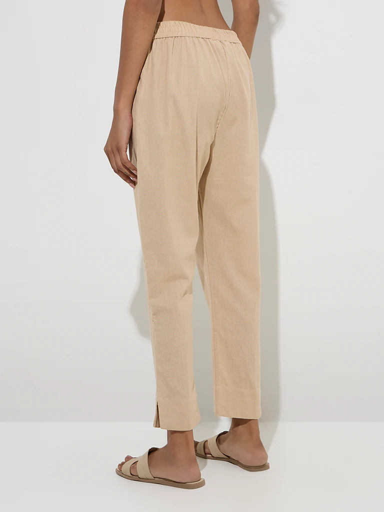Utsa Beige Solid Cotton Ethnic PantsĀ - Image 4