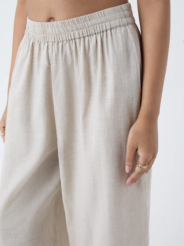 Utsa Beige Solid Cotton Ethnic Pants - Image 3