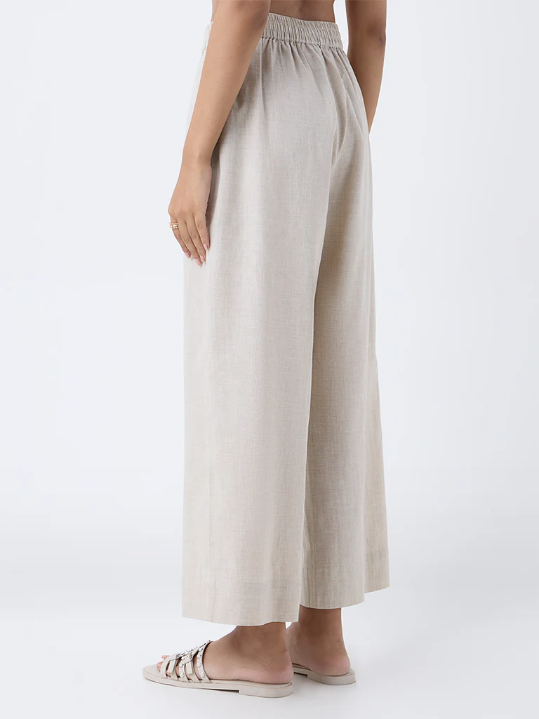 Utsa Beige Solid Cotton Ethnic Pants - Image 4