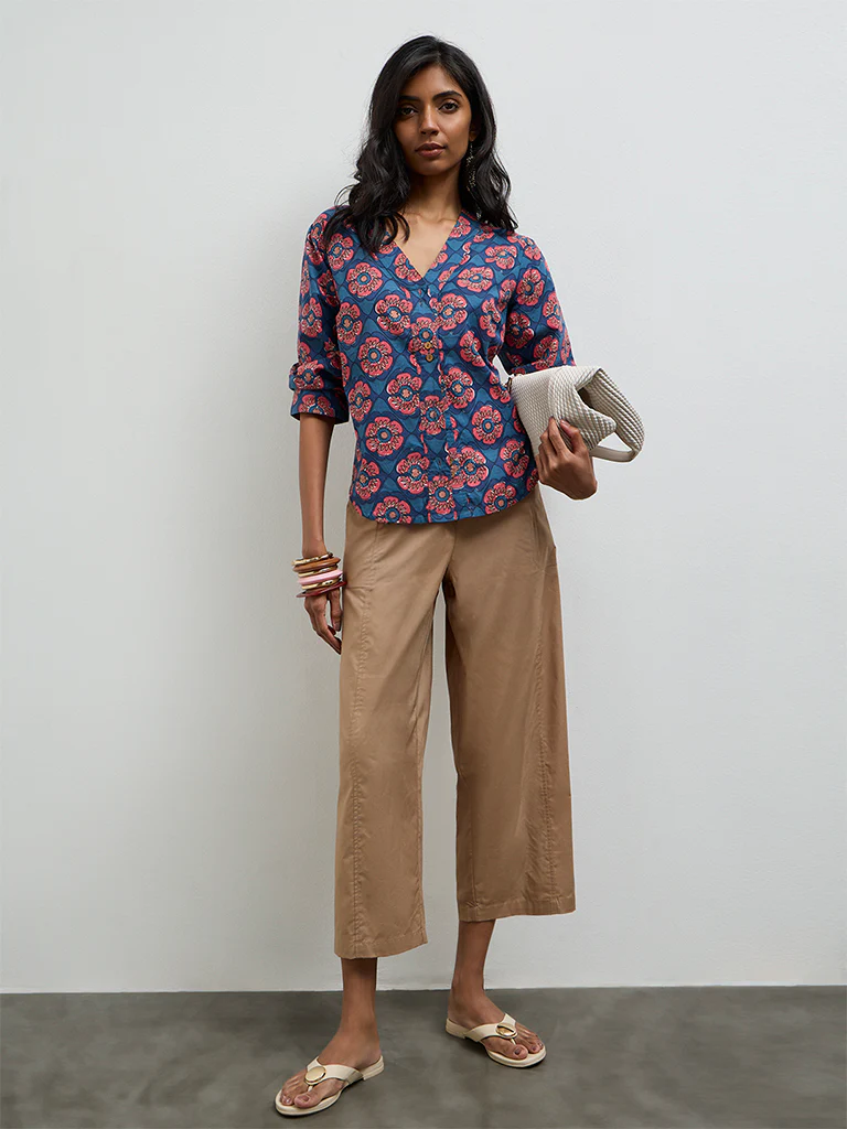 Utsa Beige Solid Cotton Pants - Image 2