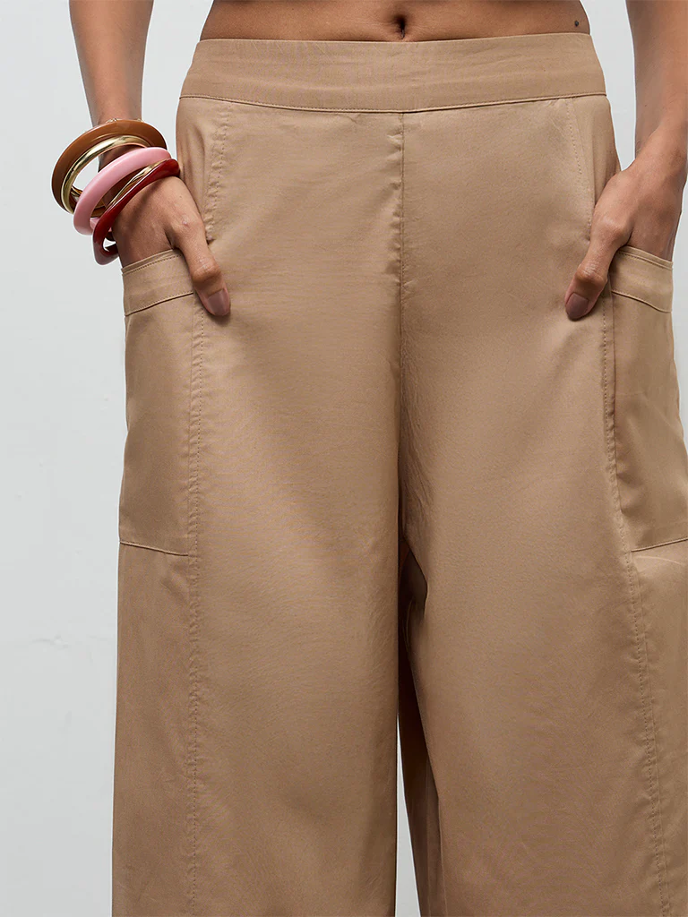 Utsa Beige Solid Cotton Pants - Image 3