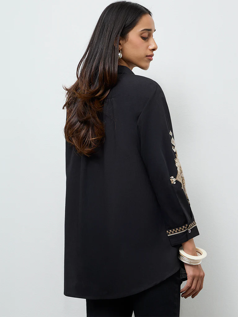 Utsa Black Aztec Embroidered Cotton Tunic - Image 4