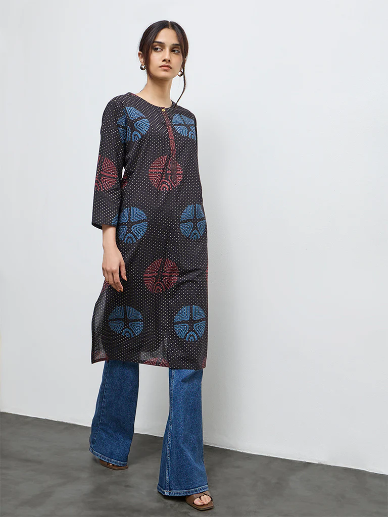 Utsa Black Badla Printed Cotton Straight Kurta - Image 2