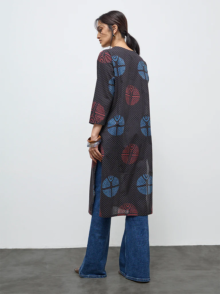 Utsa Black Badla Printed Cotton Straight Kurta - Image 4