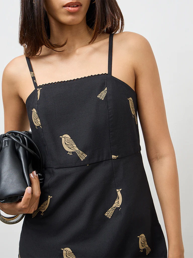 Utsa Black Bird Pattern Cotton-Blend Kurti - Image 3