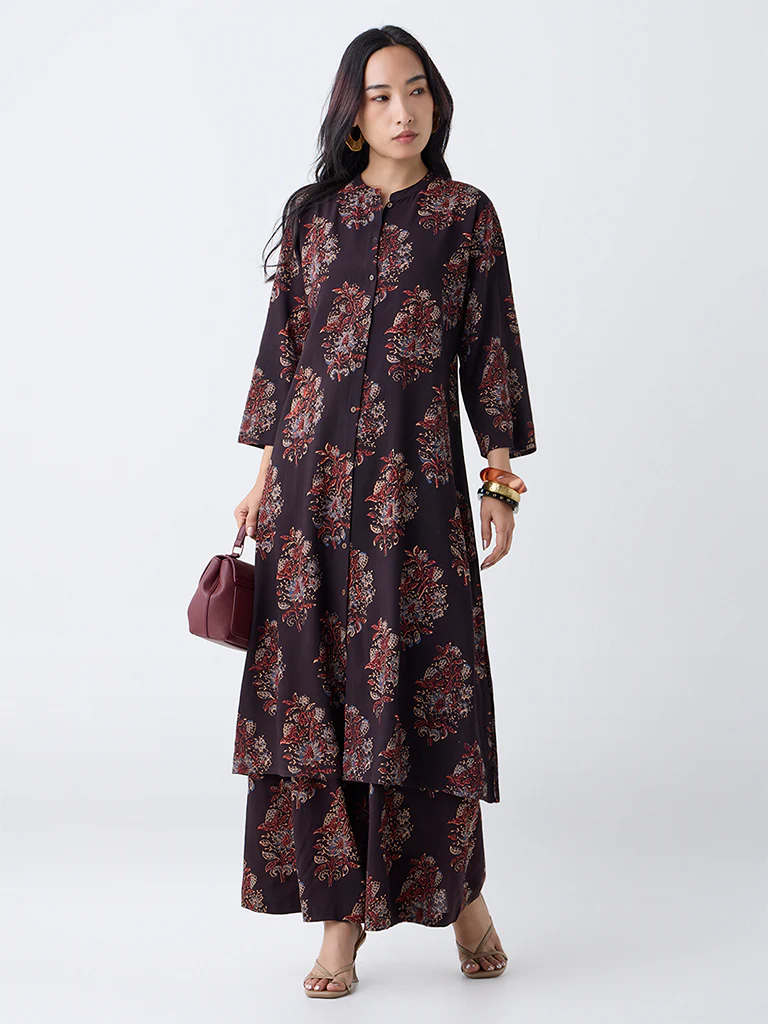 Utsa Black Boota Foliage Pattern A-Line Kurta - Image 2