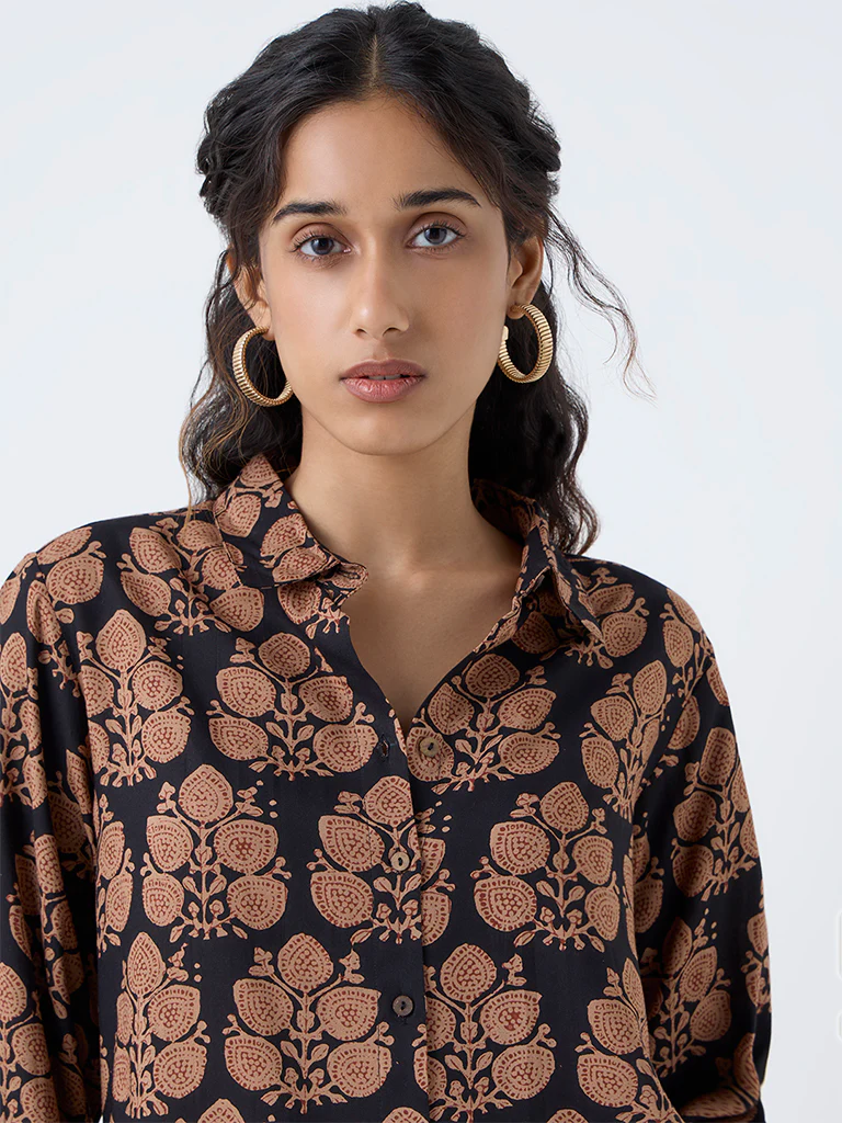 Utsa Black Botanical Printed Tunic - Image 3