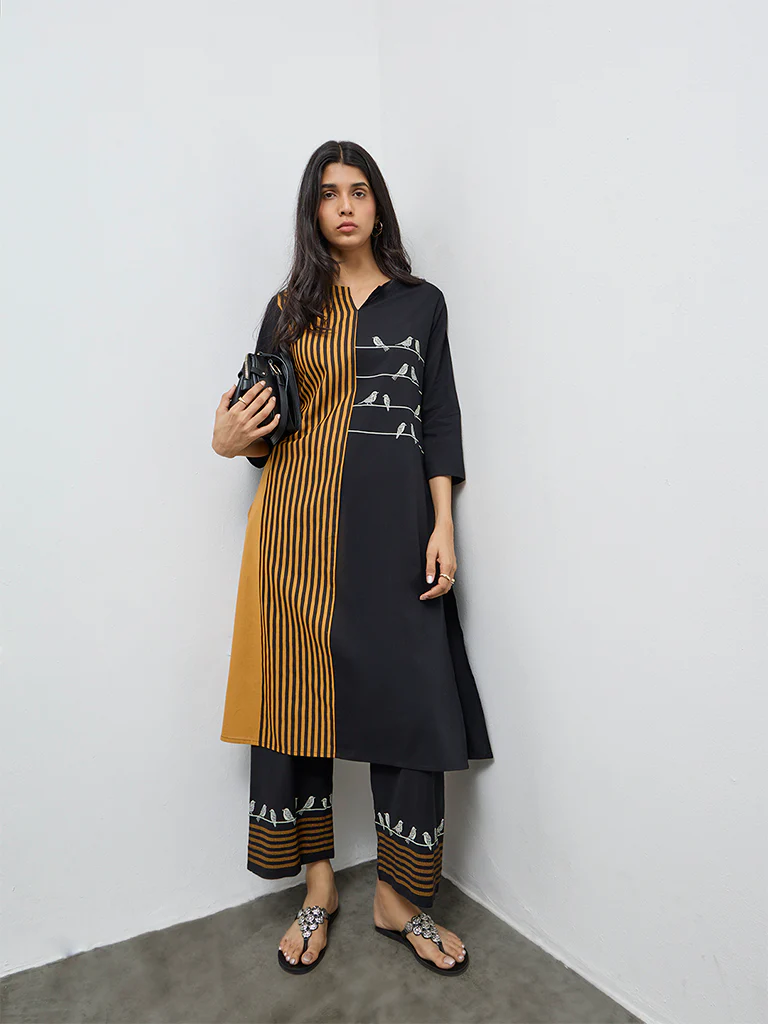 Utsa Black Colour-Block Cotton-Blend A-Line Kurta - Image 2