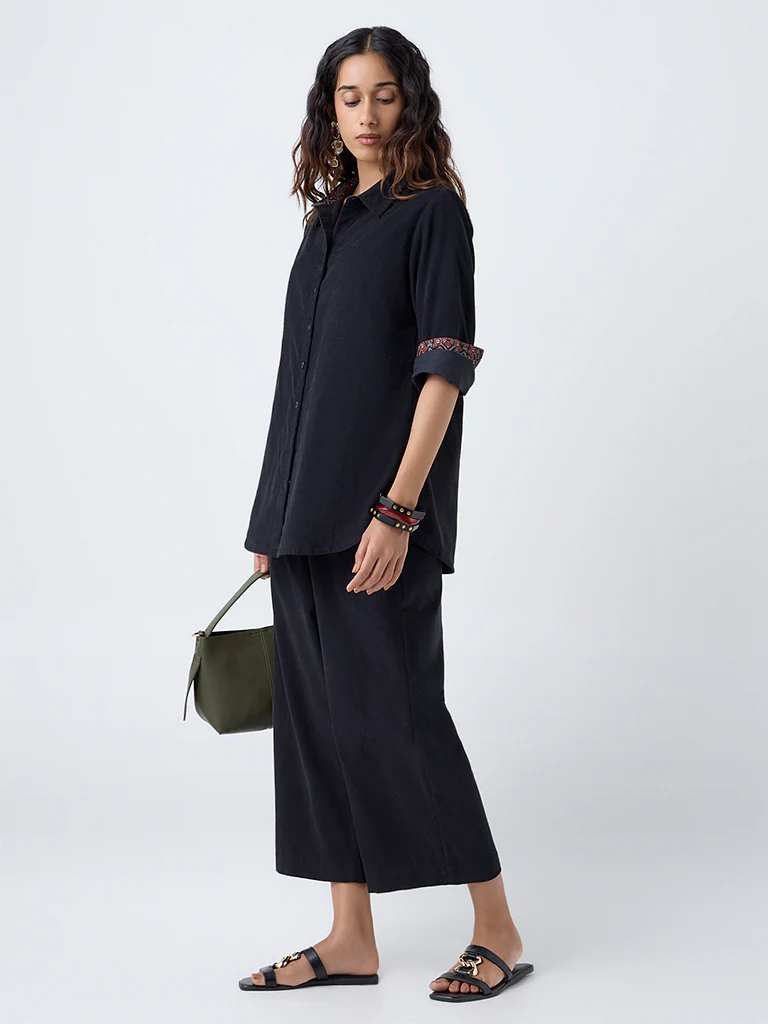 Utsa Black Corduroy Cotton Palazzos - Image 2