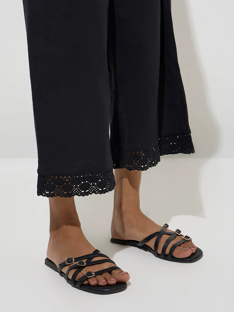 Utsa Black Crochet-Detailed Cotton Ethnic Pants  - Image 3