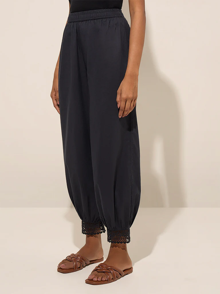Utsa Black Crochet-Detailed Harem-Style Cotton Pants - Image 2