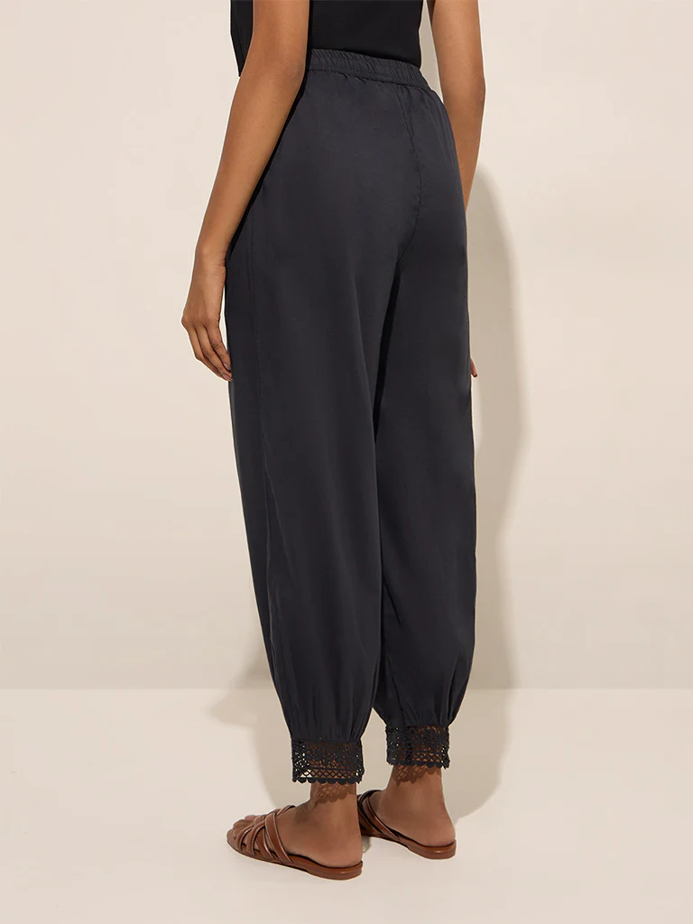 Utsa Black Crochet-Detailed Harem-Style Cotton Pants - Image 4