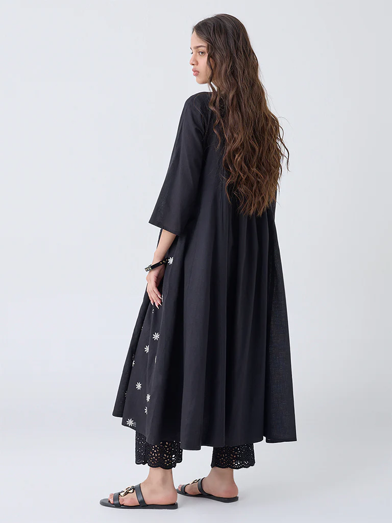Utsa Black Embroidered Anarkali Cotton Kurta - Image 4