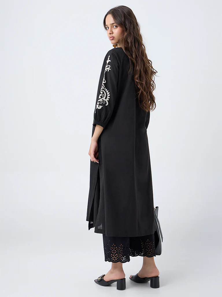 Utsa Black Embroidered Cotton A-Line Kurta - Image 4