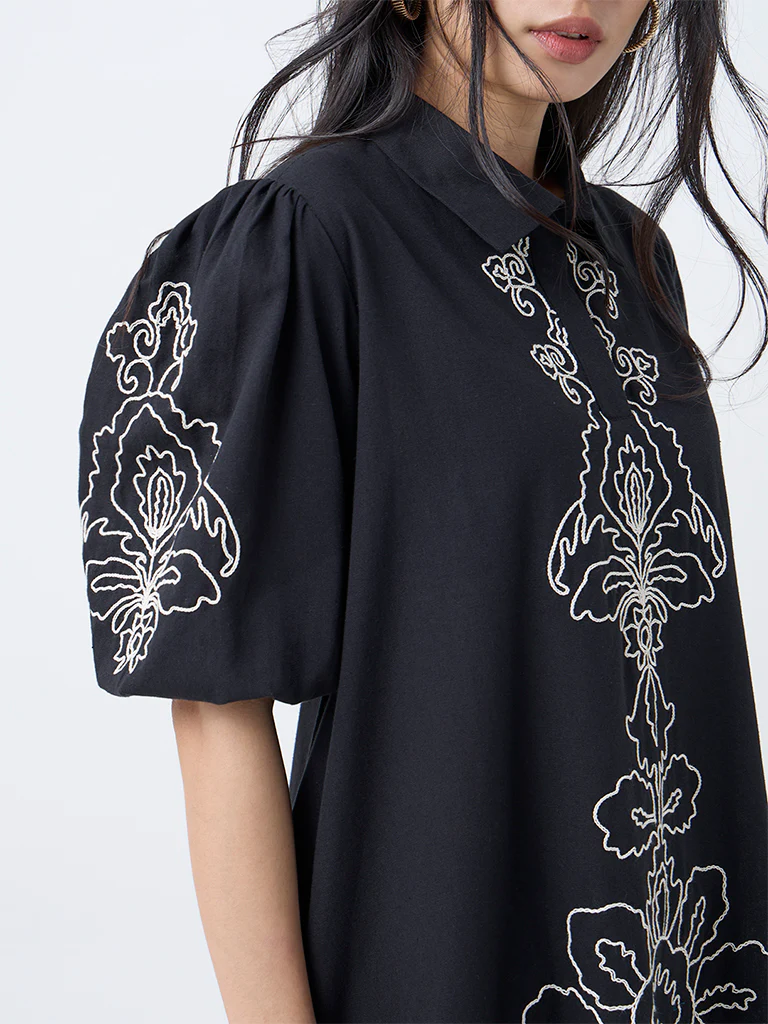 Utsa Black Embroidered Cotton-Blend A-Line Dress - Image 3